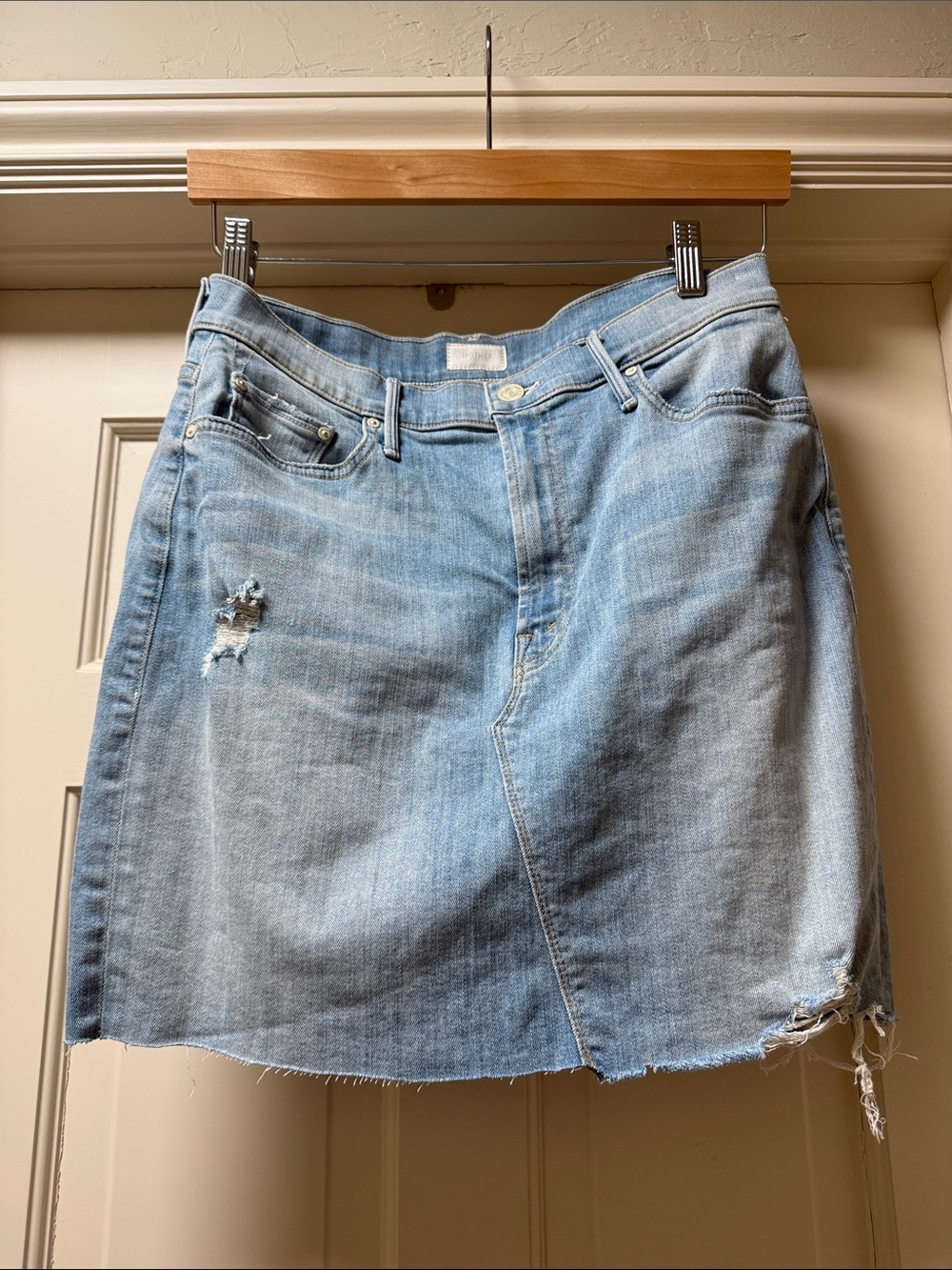 MOTHER Denim Sacred Mini Fray Raw Hem Jean Skirt
